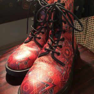 Red geometric print leather boots